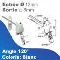 Renvoi blanc 120° - Entrée tringle Ø12 mm - Sortie treuil: carré 8mm - Longueur 355mm