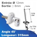 Genouillère à 45° - Entrée tringle Ø12 mm - Sortie treuil: carré 8mm - Longueur 315mm - Blanc